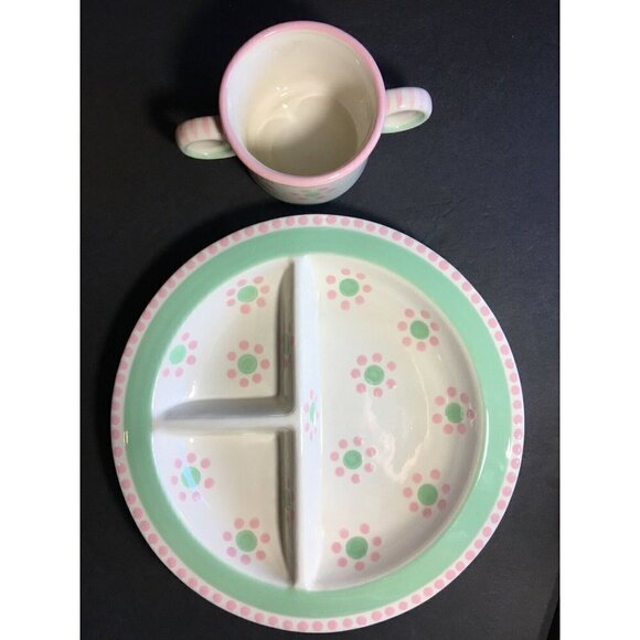 M. Bagwell Childs Plate & Cup Set Baby Dots Divided Dish Ceramic Flowers Pink - Picture 3 of 6